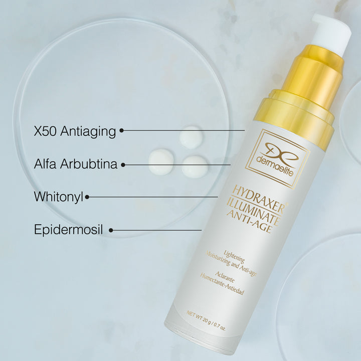 Envase de Hydraxer Illuminate Anti-Age - Dermaelite para el tratamiento de firmeza y luminosidad en el rostro.