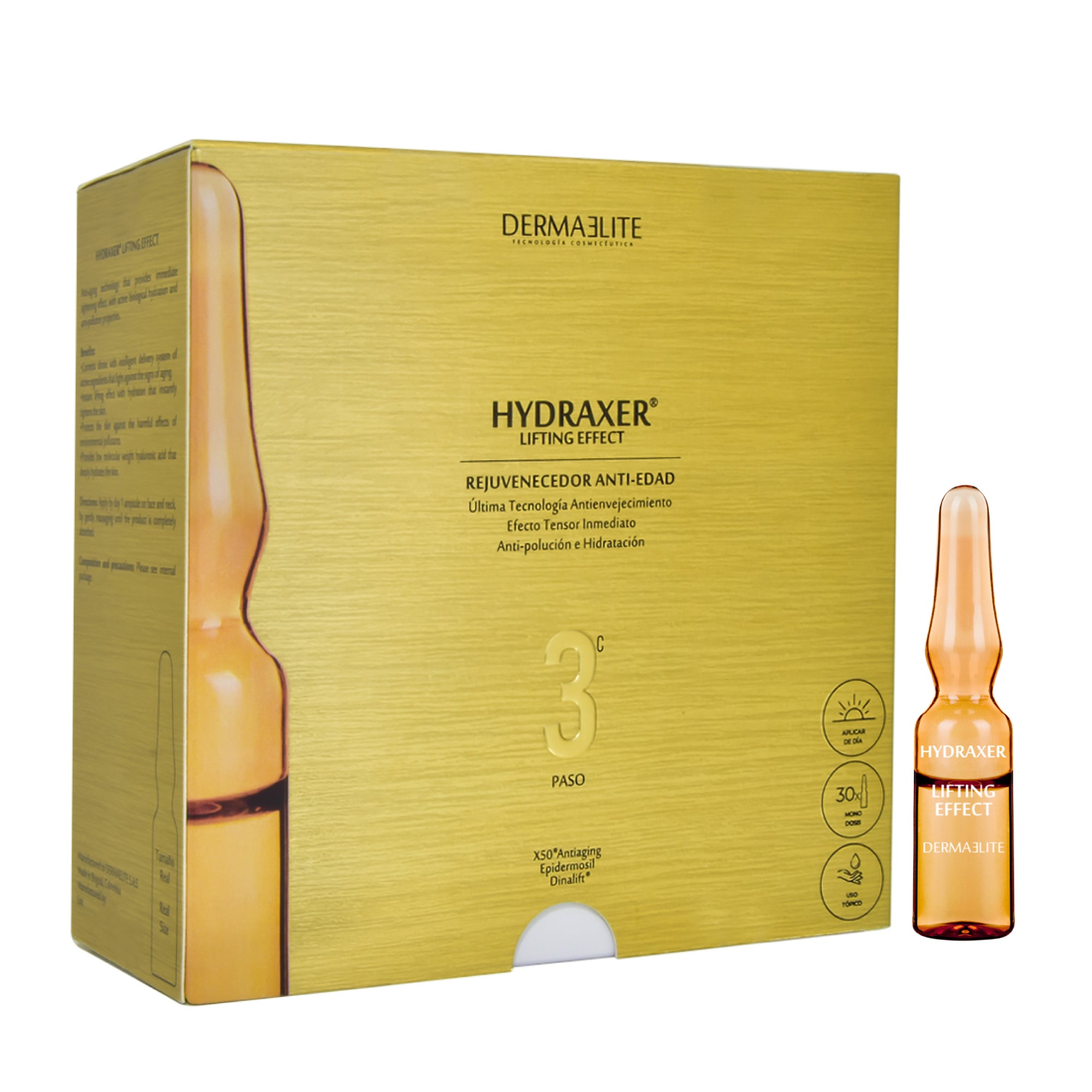 Caja de Hydraxer Lifting Anti-Age / 30 Amp - Dermaelite para el tratamiento intensivo de firmeza y luminosidad.