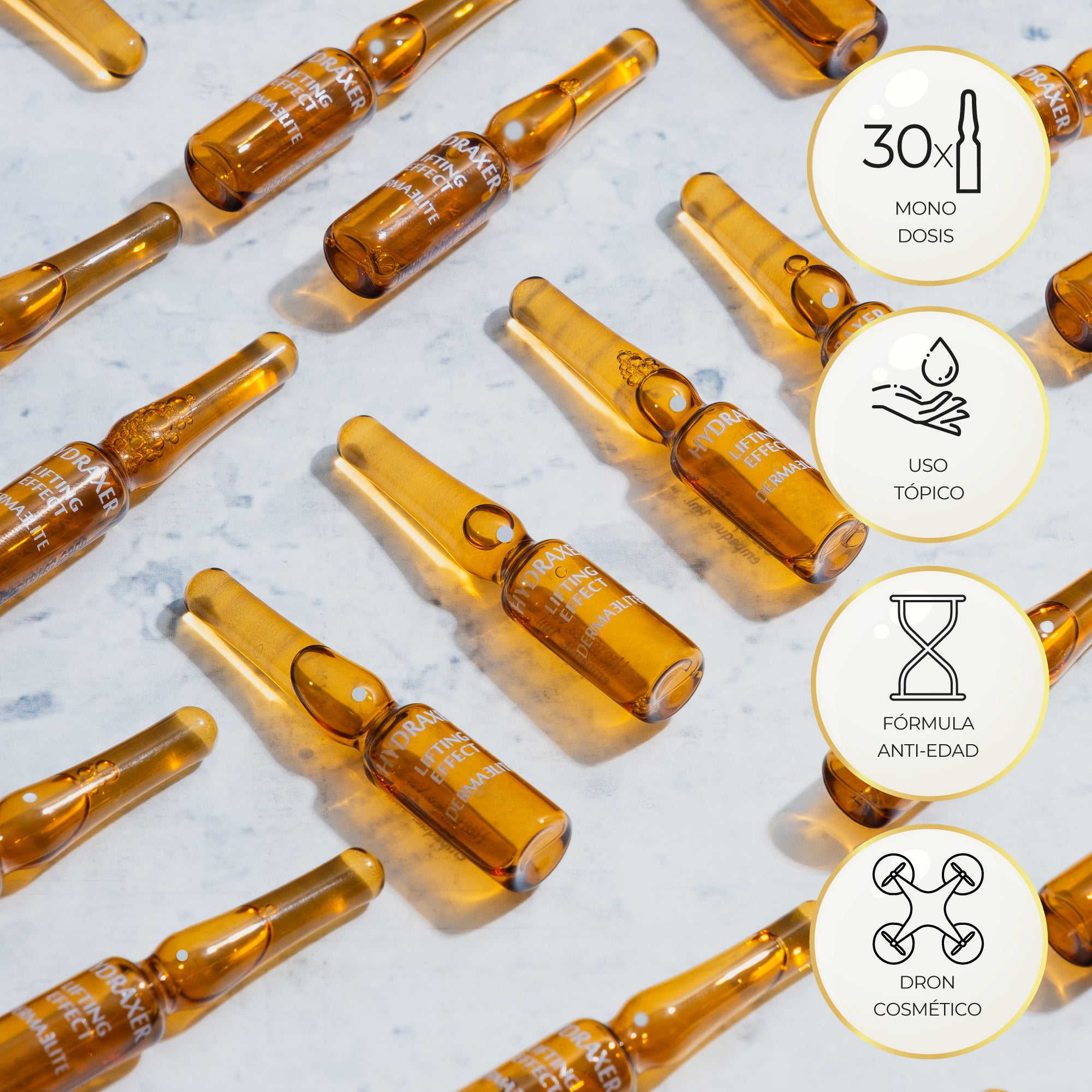 Caja de Hydraxer Lifting Anti-Age / 30 Amp - Dermaelite para el tratamiento intensivo de firmeza y luminosidad.