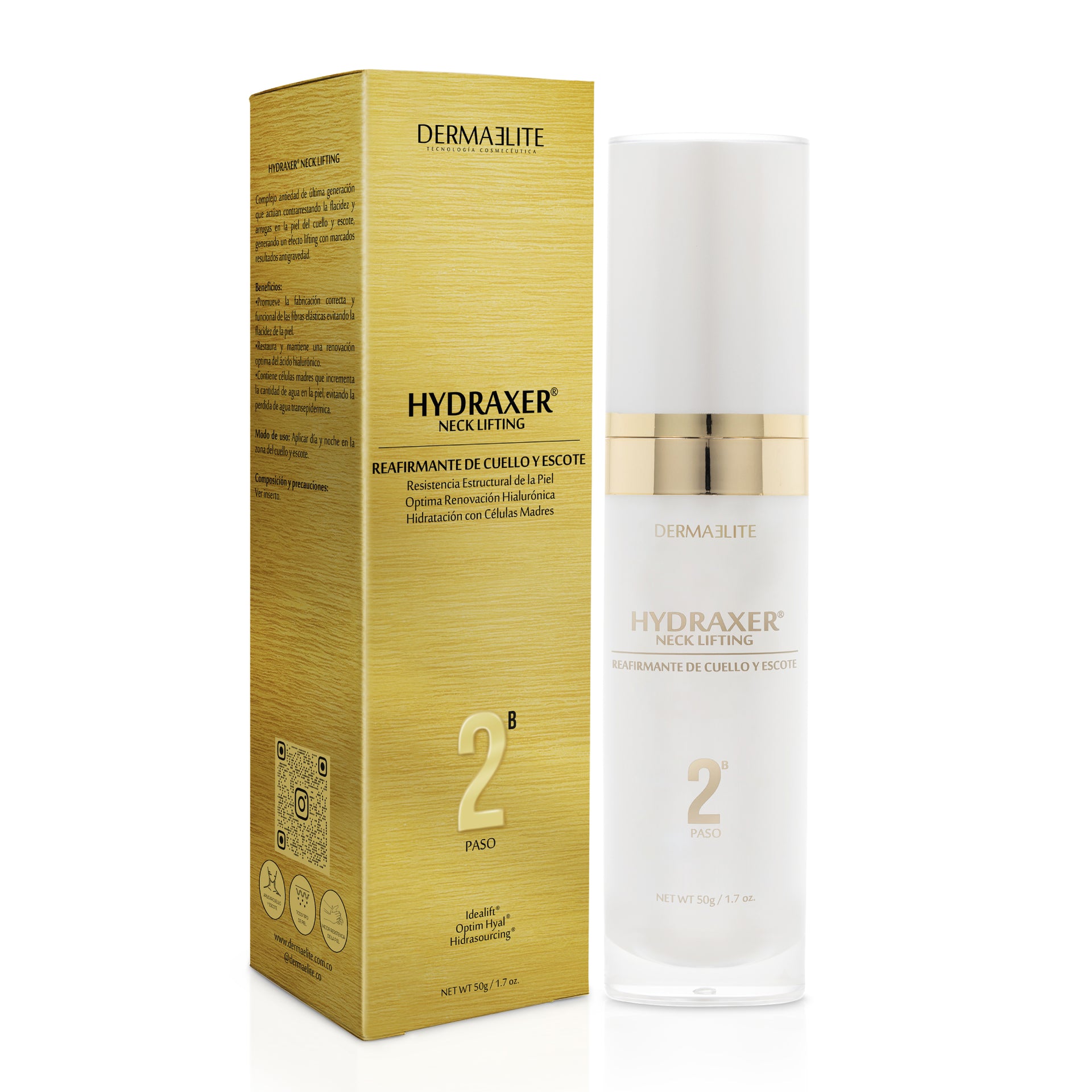 Envase de Hydraxer Neck Lifting Antiage - Dermaelite para el tratamiento de firmeza y lifting en cuello y escote.