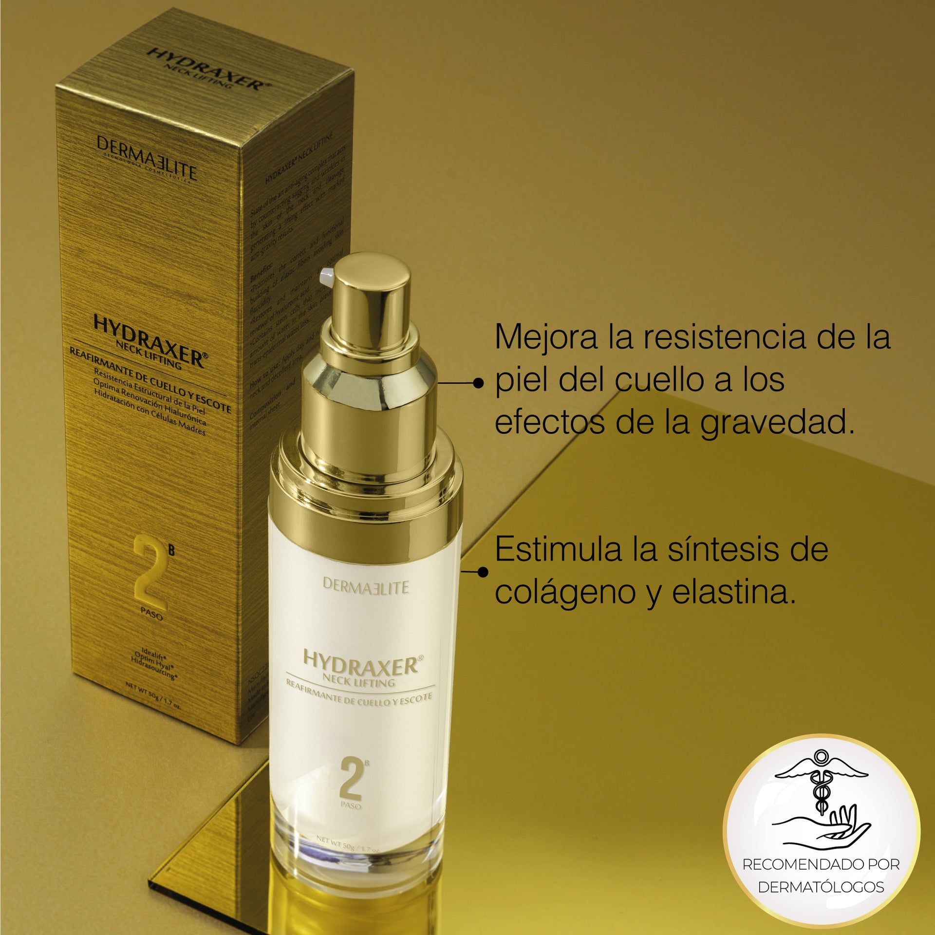 Envase de Hydraxer Neck Lifting Antiage - Dermaelite para el tratamiento de firmeza y lifting en cuello y escote.