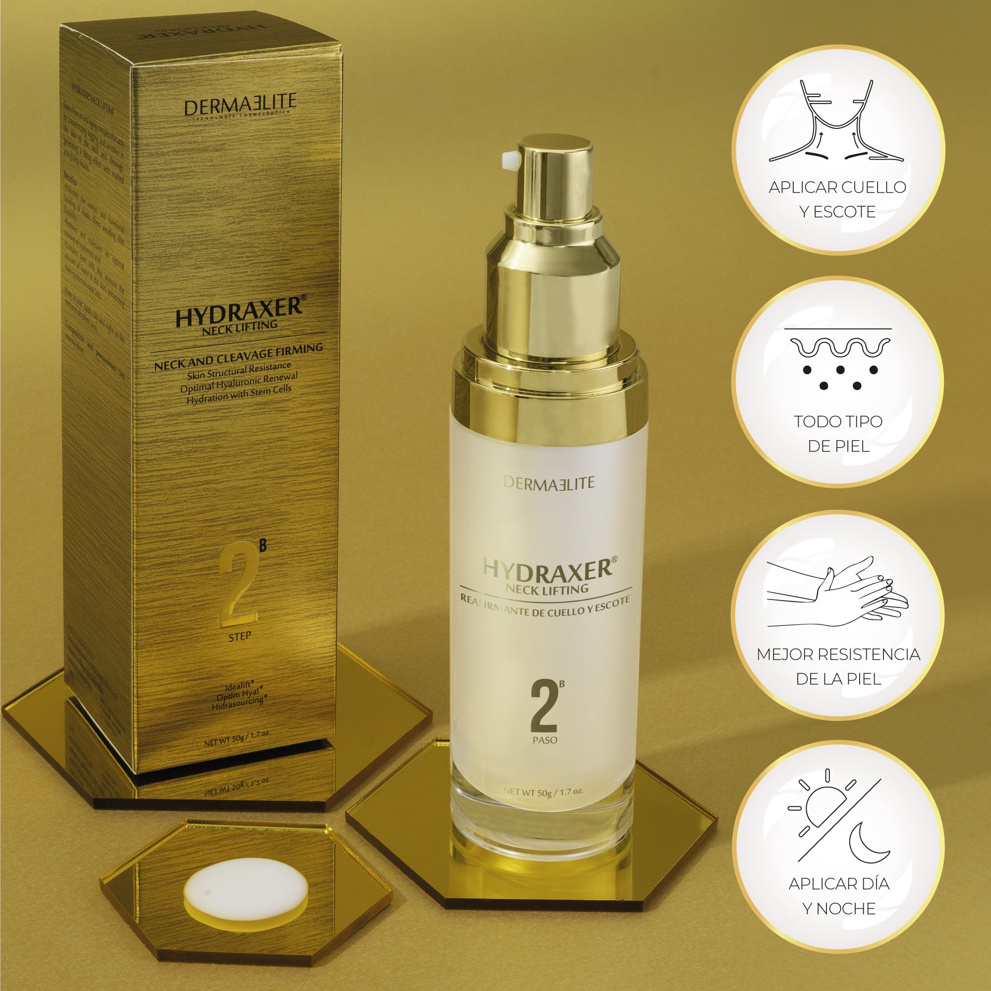 Envase de Hydraxer Neck Lifting Antiage - Dermaelite para el tratamiento de firmeza y lifting en cuello y escote.