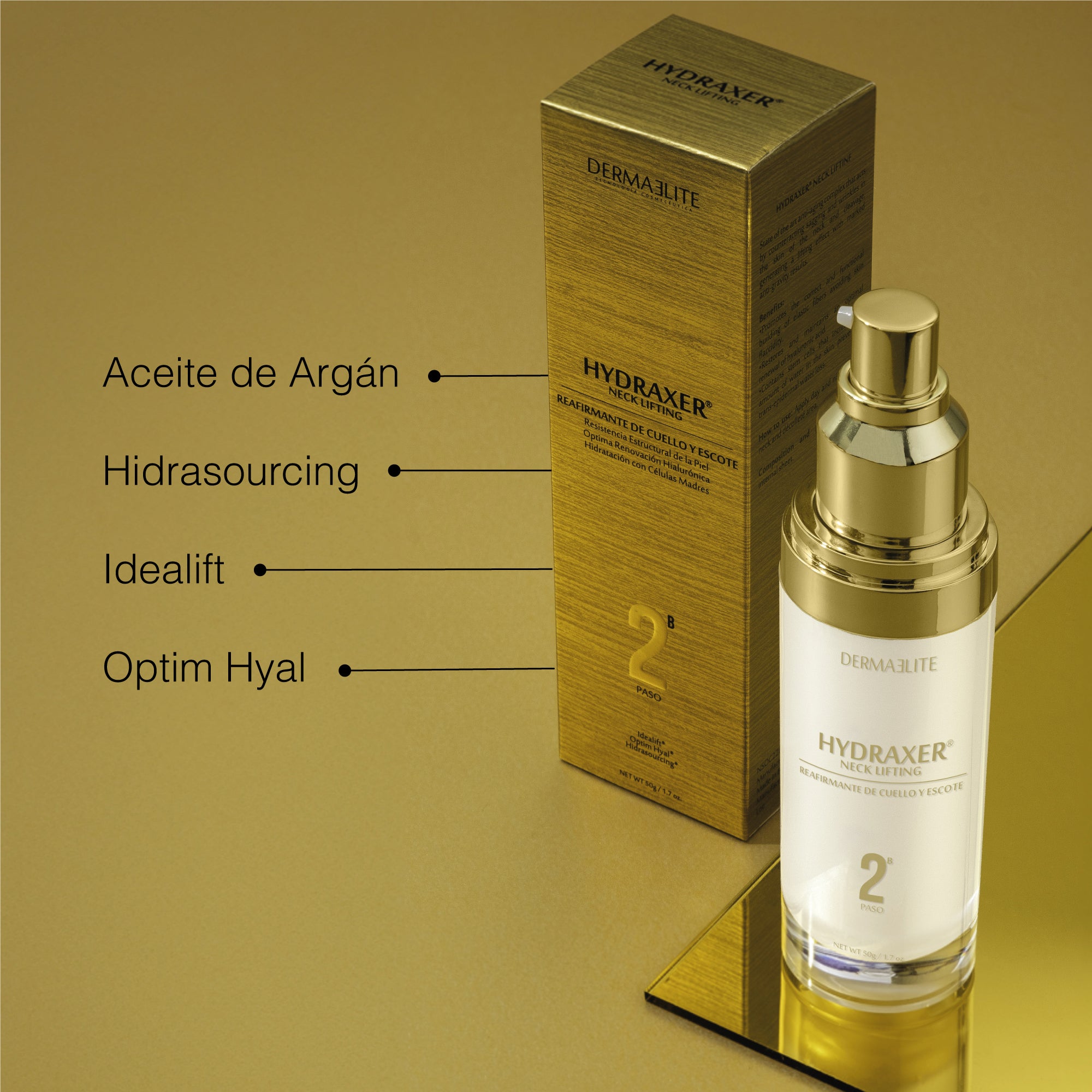 Envase de Hydraxer Neck Lifting Antiage - Dermaelite para el tratamiento de firmeza y lifting en cuello y escote.