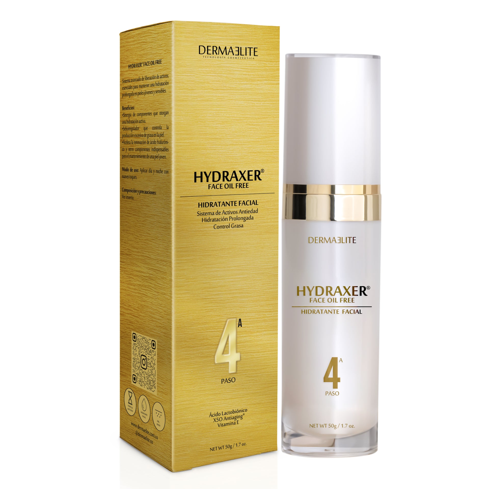 Envase de Hydraxer Face Hidratante Oil Free - Dermaelite para la hidratación profunda y firmeza facial en presentación de 50 ml.