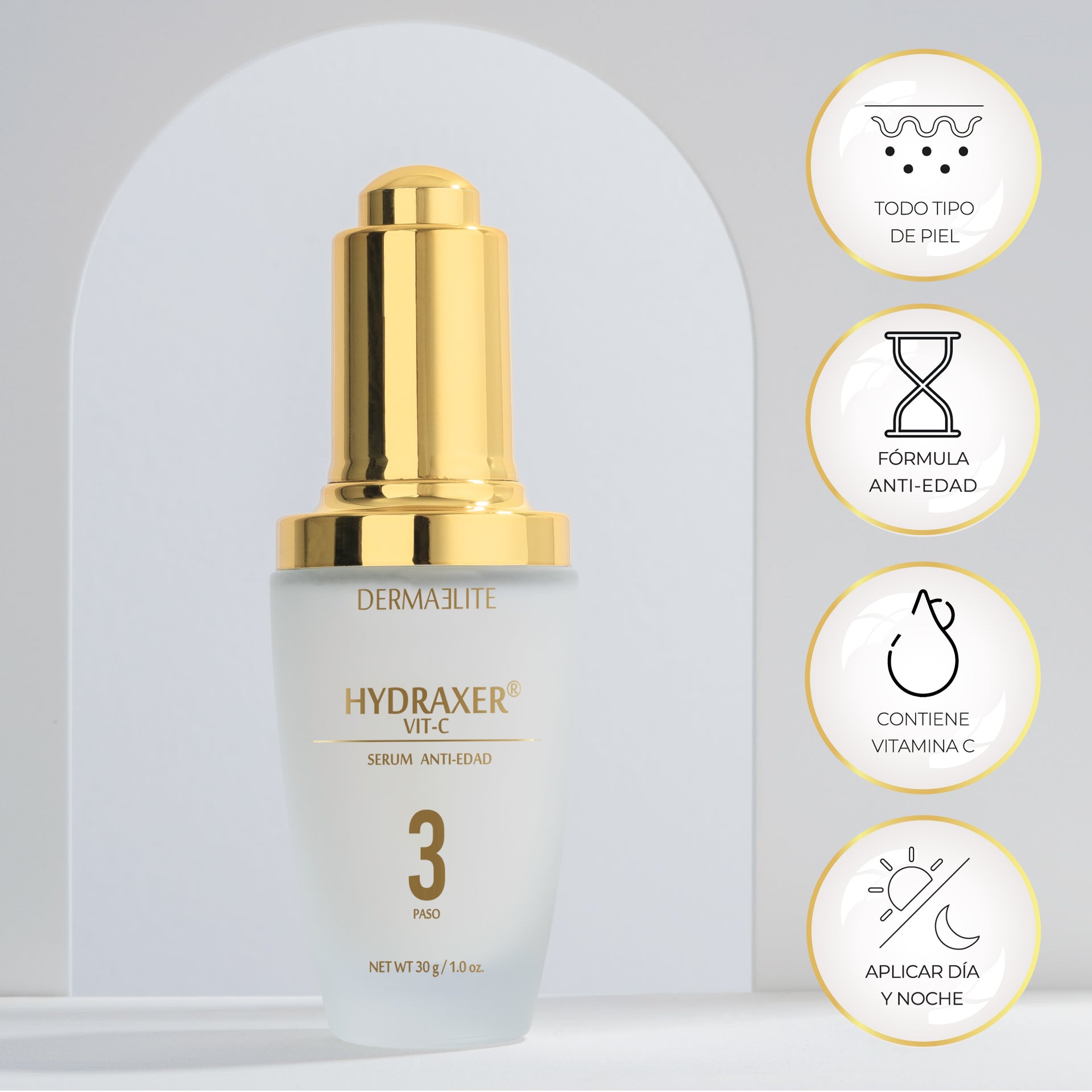 Envase de Hydraxer Serum Antiedad Vitamina C - Dermaelite para el tratamiento de firmeza y luminosidad facial.