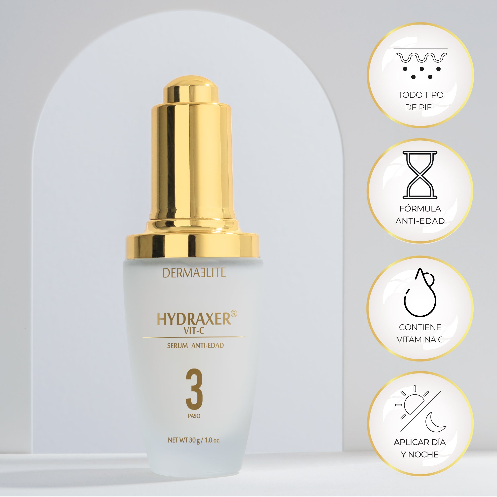 Envase de Hydraxer Serum Antiedad Vitamina C - Dermaelite para el tratamiento de firmeza y luminosidad facial.