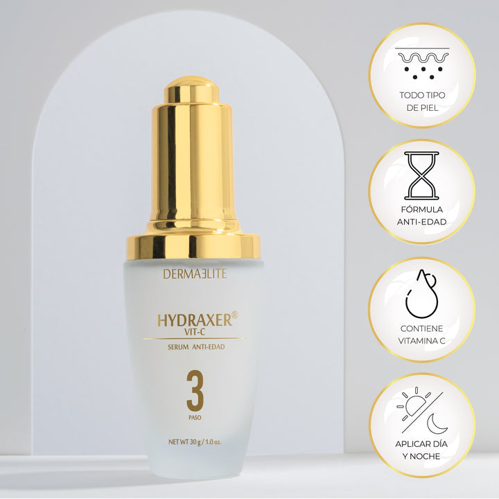 Envase de Hydraxer Serum Antiedad Vitamina C - Dermaelite para el tratamiento de firmeza y luminosidad facial.