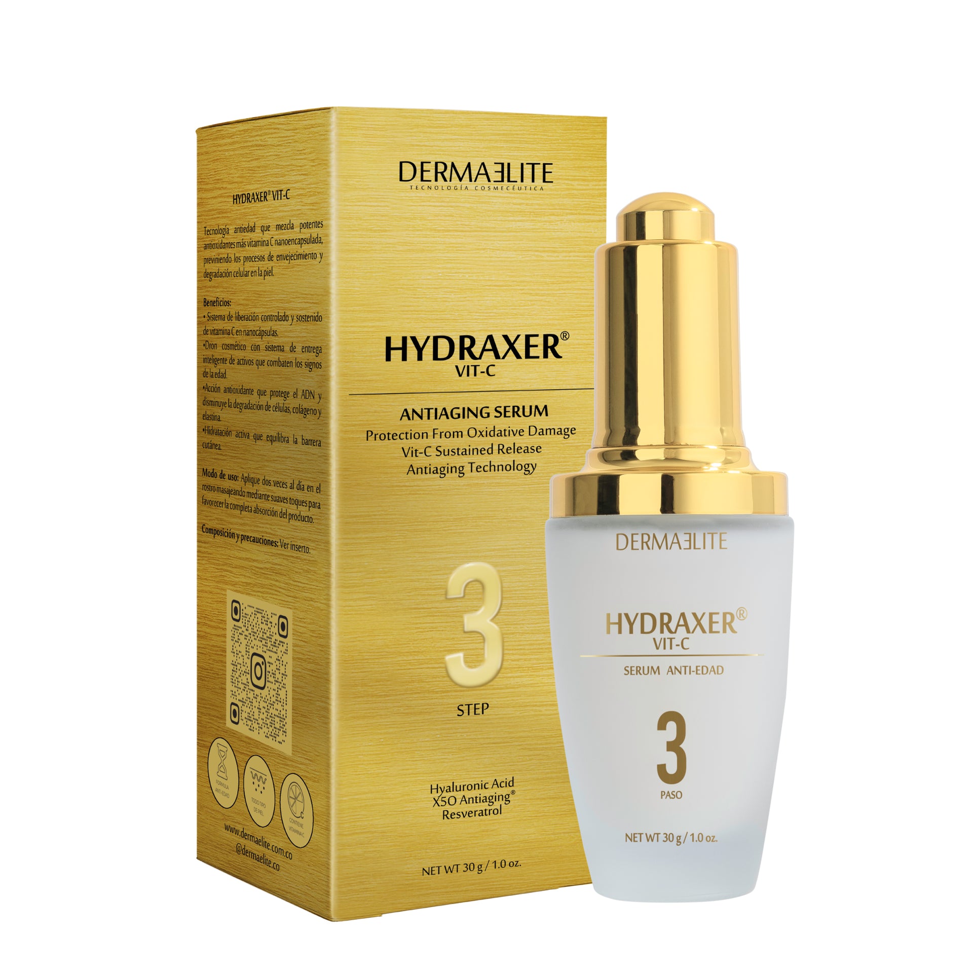 Envase de Hydraxer Serum Antiedad Vitamina C - Dermaelite para el tratamiento de firmeza y luminosidad facial.