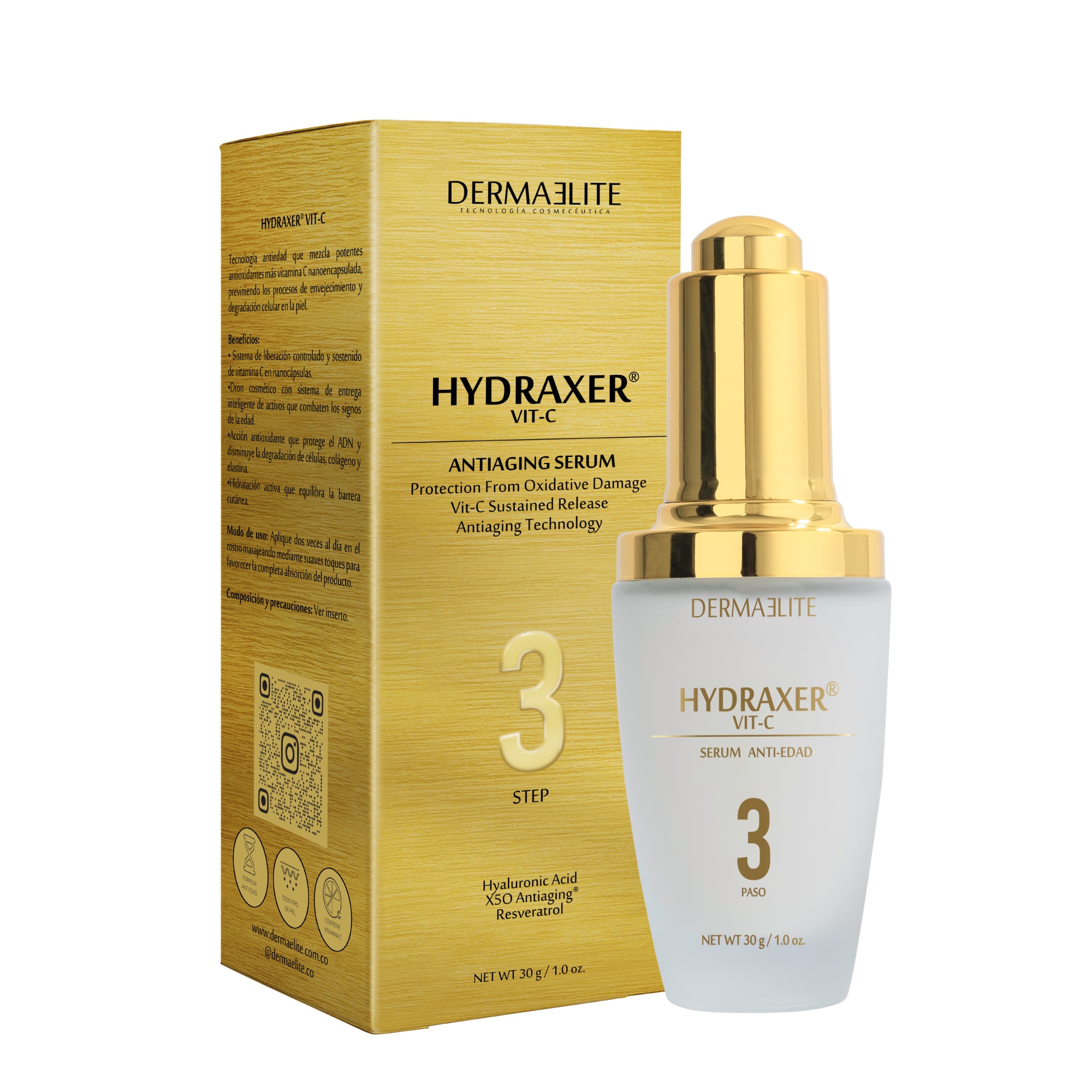 Envase de Hydraxer Serum Antiedad Vitamina C - Dermaelite para el tratamiento de firmeza y luminosidad facial.