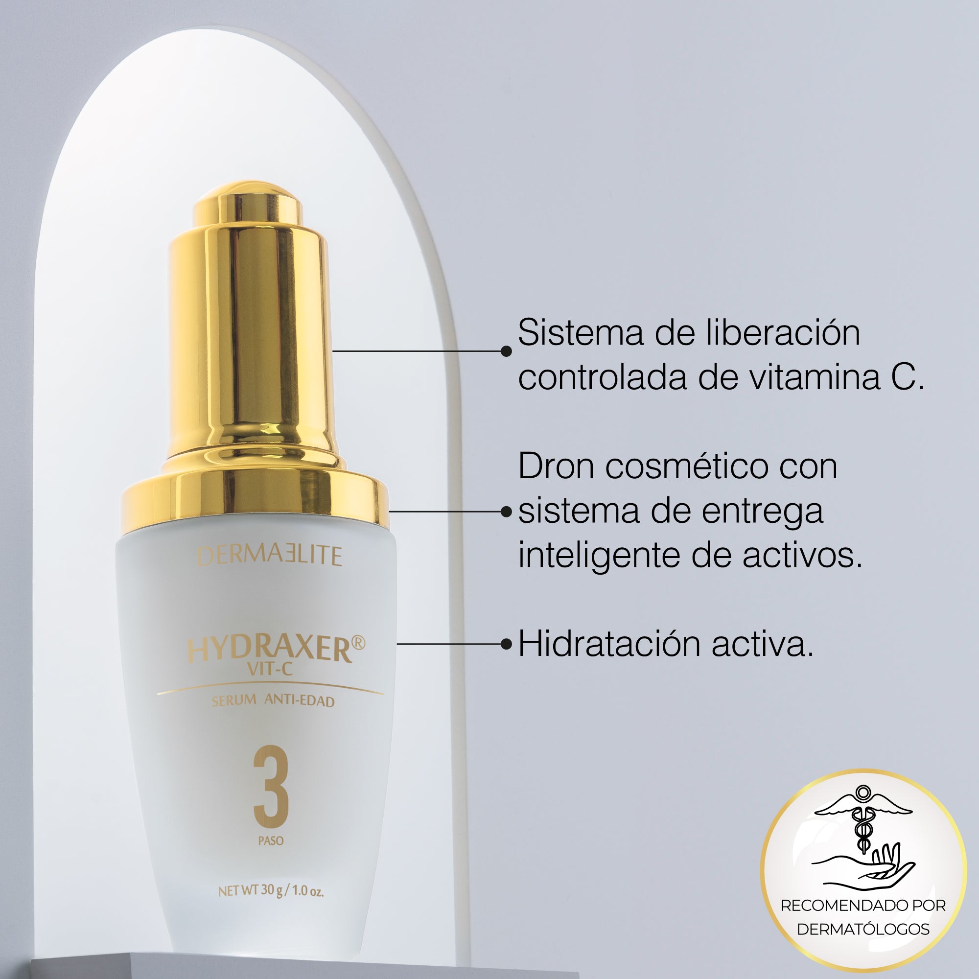 Envase de Hydraxer Serum Antiedad Vitamina C - Dermaelite para el tratamiento de firmeza y luminosidad facial.