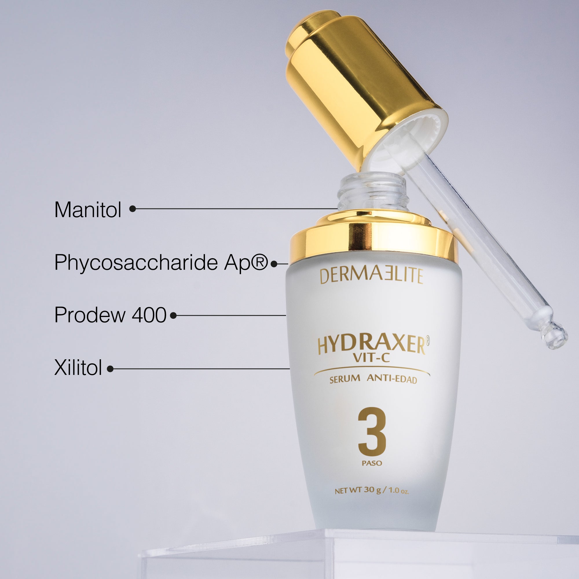 Envase de Hydraxer Serum Antiedad Vitamina C - Dermaelite para el tratamiento de firmeza y luminosidad facial.