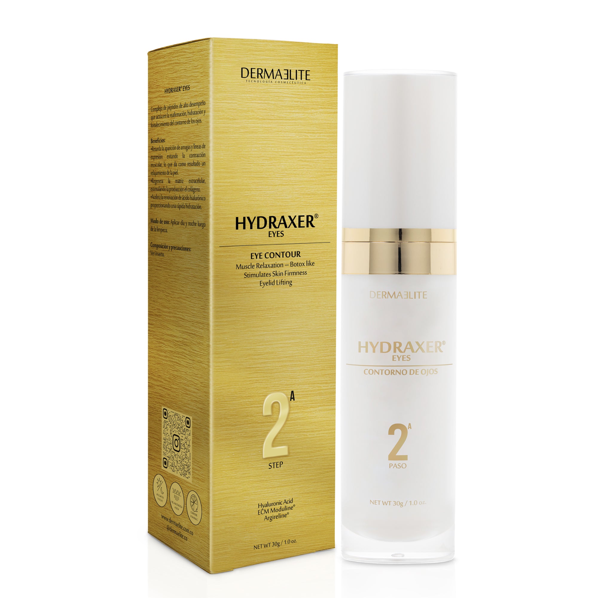 Envase de Contorno de ojos Hydraxer Eyes - Dermaelite para el tratamiento de firmeza y luminosidad.