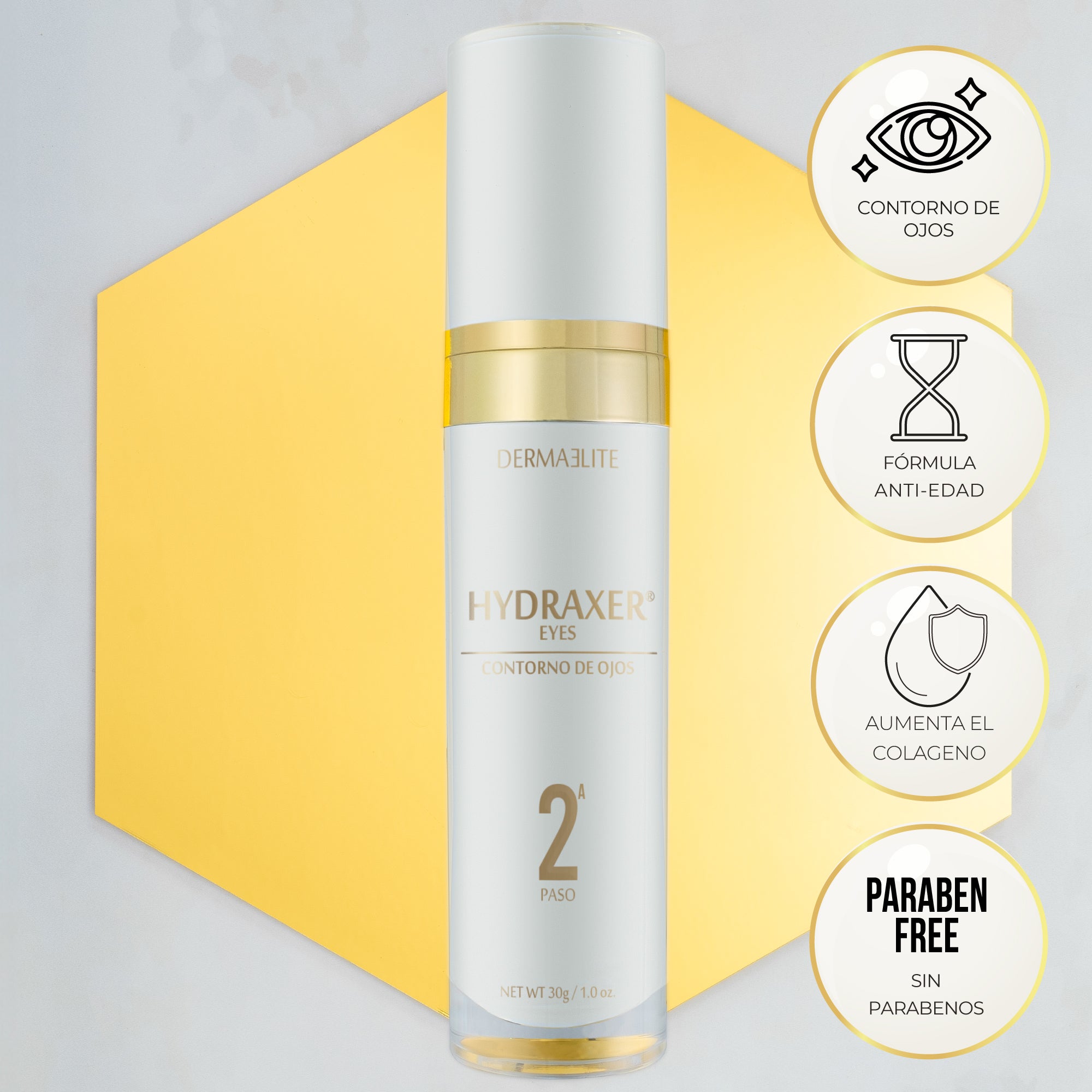 Envase de Contorno de ojos Hydraxer Eyes - Dermaelite para el tratamiento de firmeza y luminosidad.