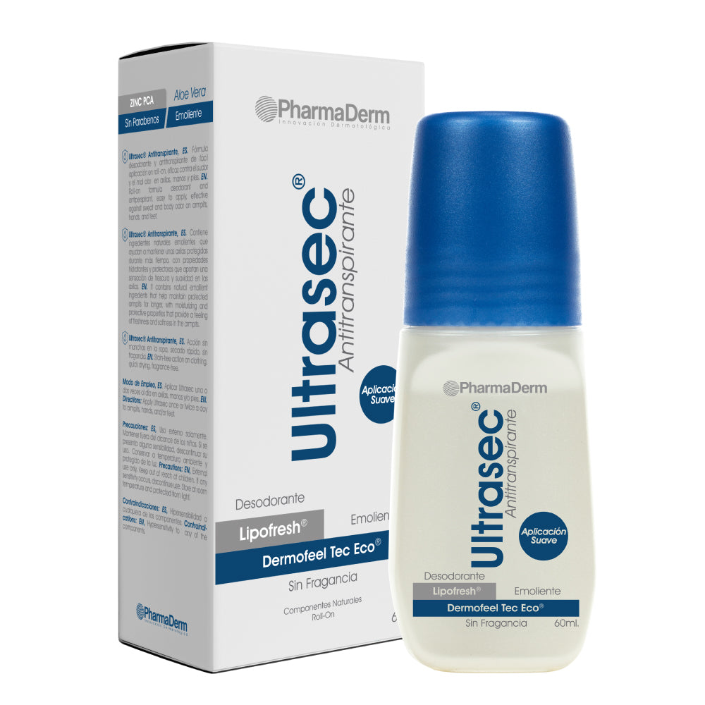 Ultrasec Desodorante Pharmaderm 60 ml en presentación roll-on.​