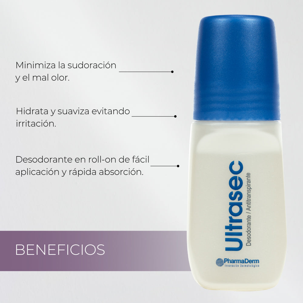 Ultrasec Desodorante Pharmaderm 60 ml en presentación roll-on.​
