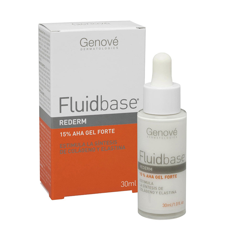 Envase de 30 ml de Fluidbase Rederm 15% AHA Gel Forte para la renovación y el bienestar cutáneo.