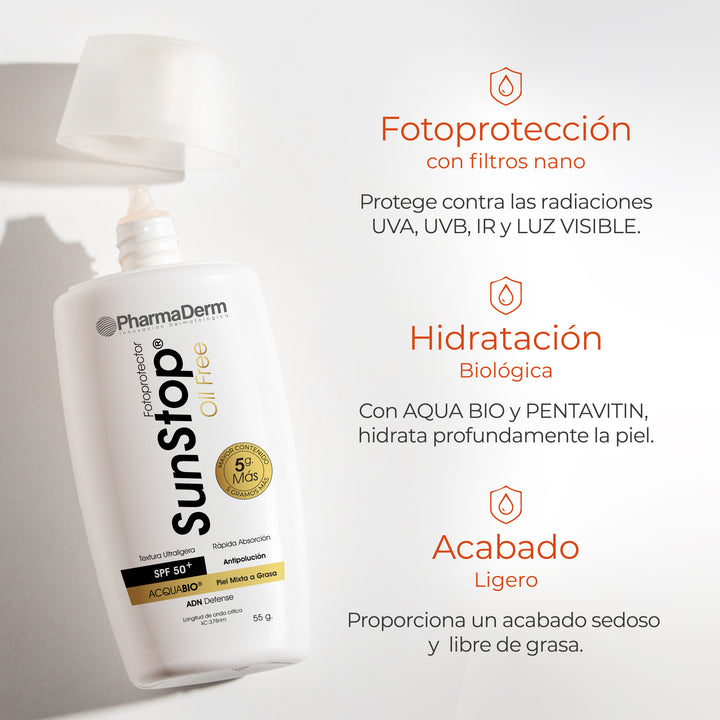 Envase de Sunstop Oilfree SPF 50+ Pharmaderm para la protección y control de brillo facial.