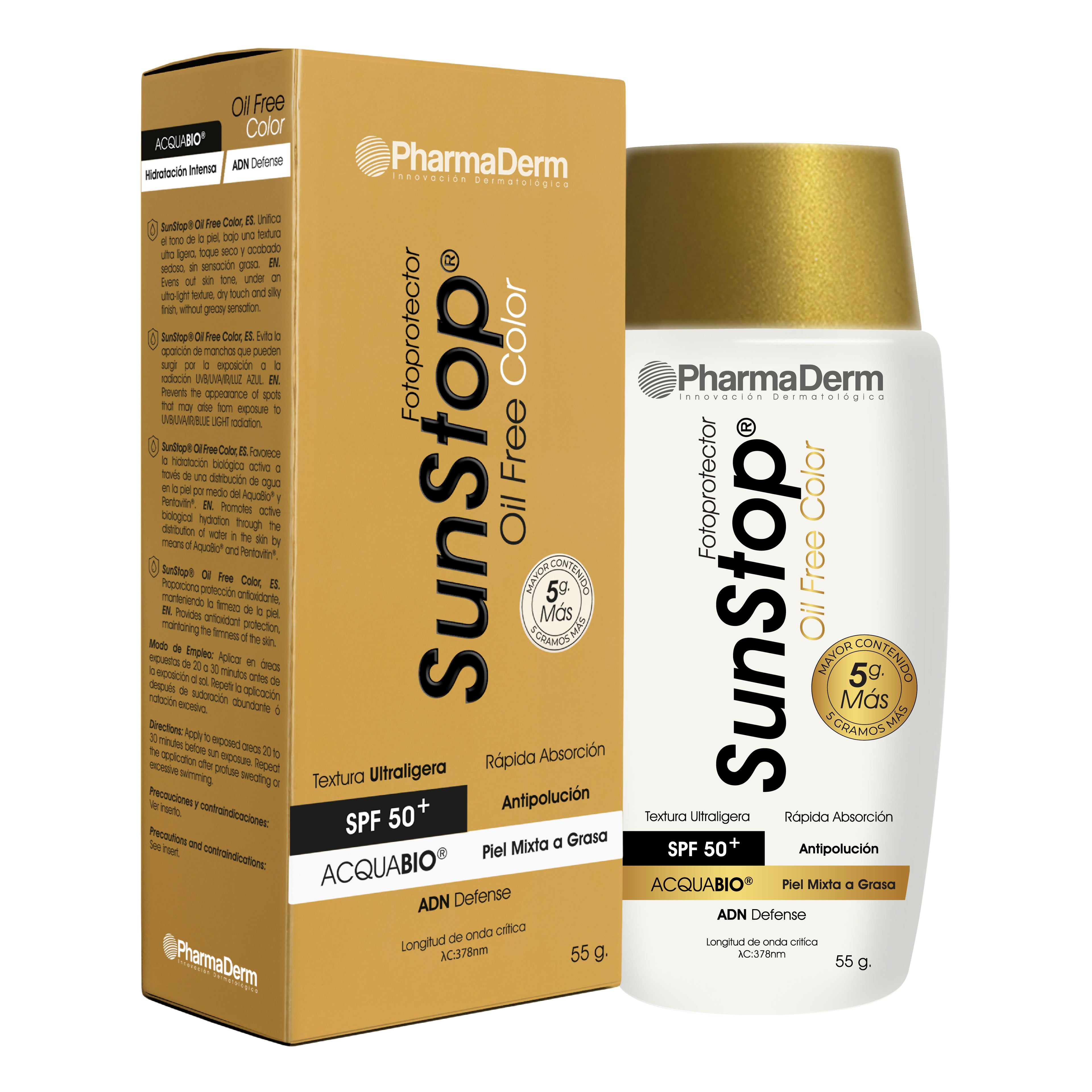 Envase de Sunstop Libre de Aceite Color Pharmaderm para la protección y uniformidad facial.