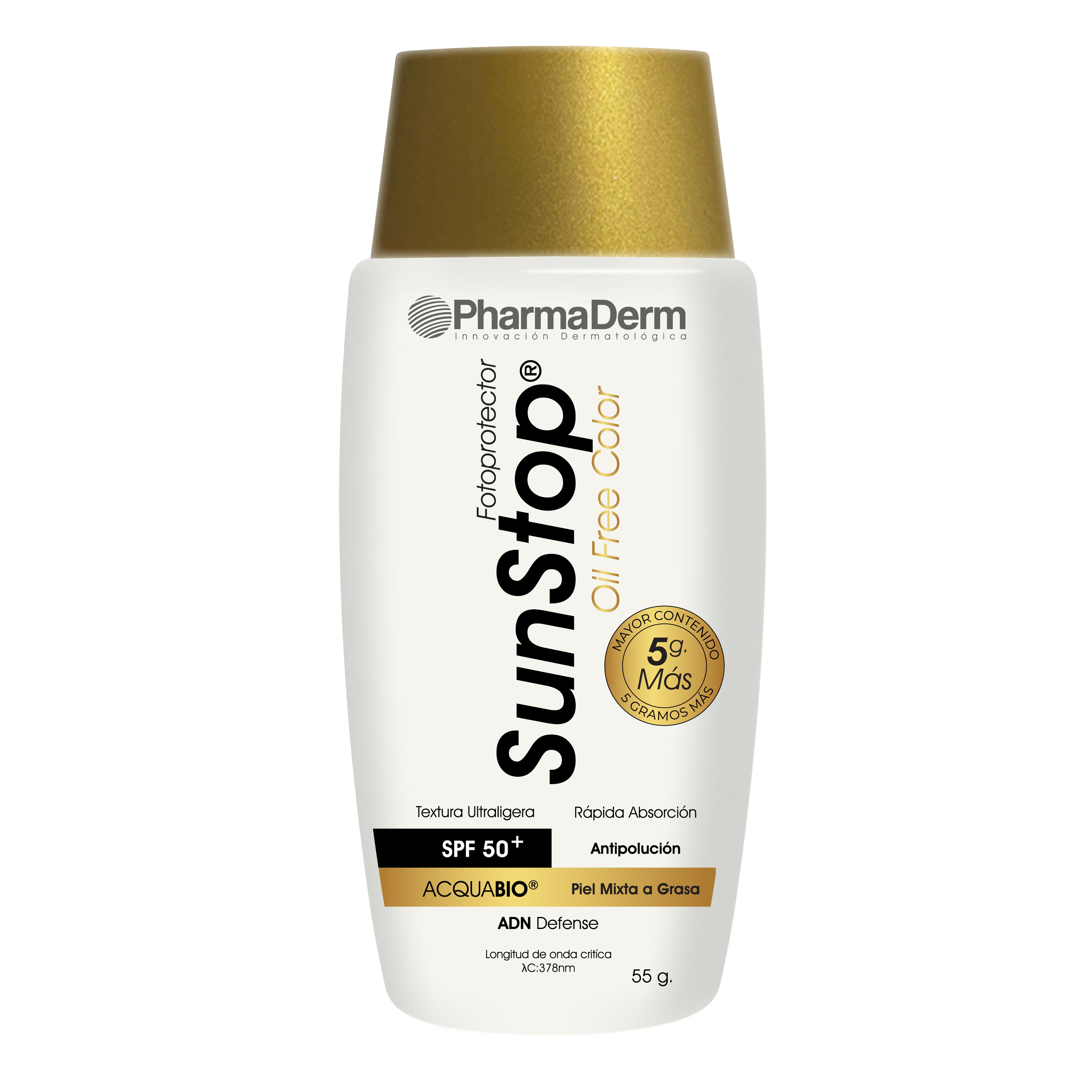 Envase de Sunstop Libre de Aceite Color Pharmaderm para la protección y uniformidad facial.