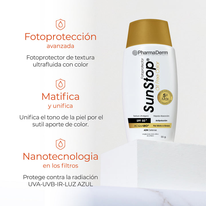 Envase de Sunstop Libre de Aceite Color Pharmaderm para la protección y uniformidad facial.