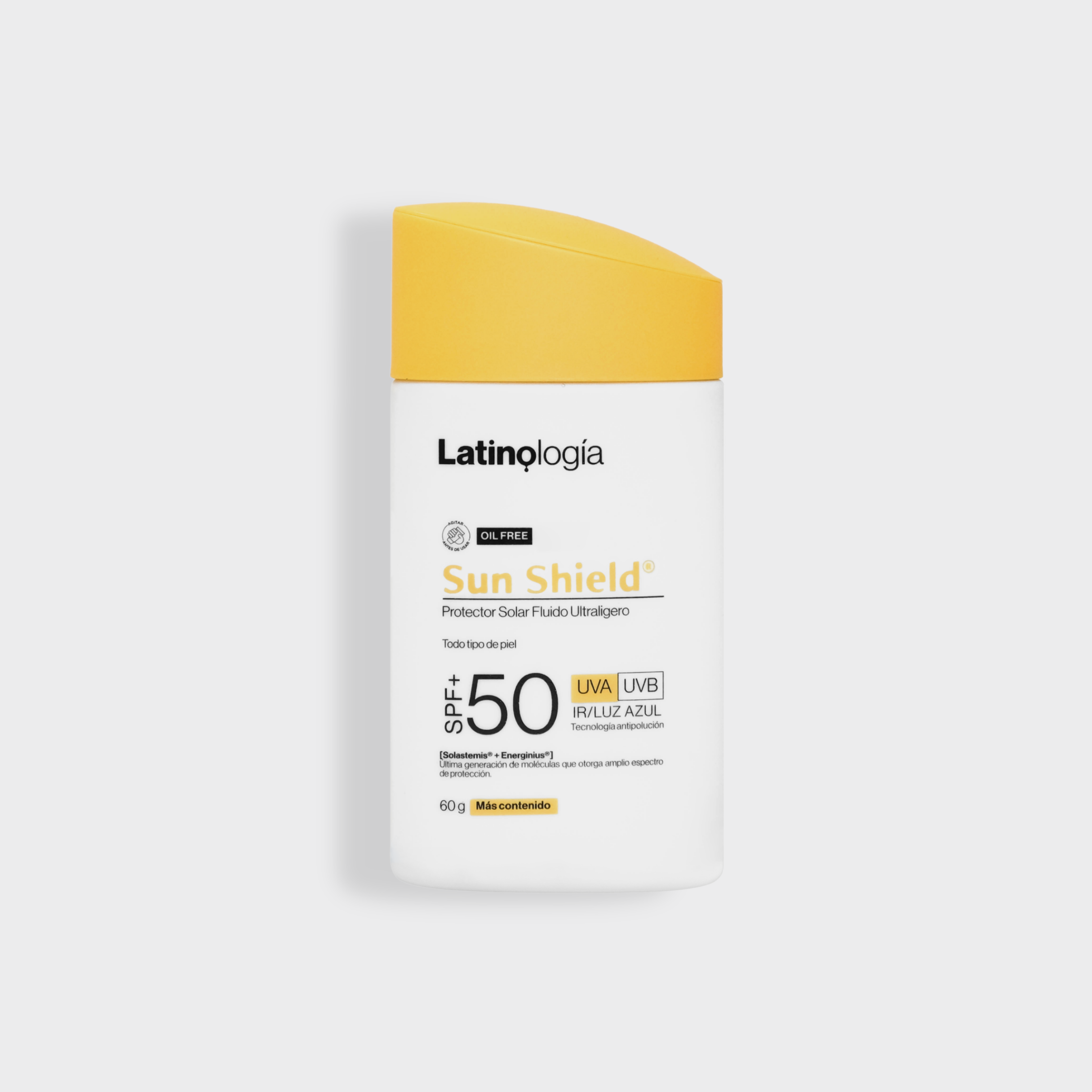 Envase de Sun Shield Protector Solar Fluido Ultraligero Latinologia para protección solar de amplio espectro.