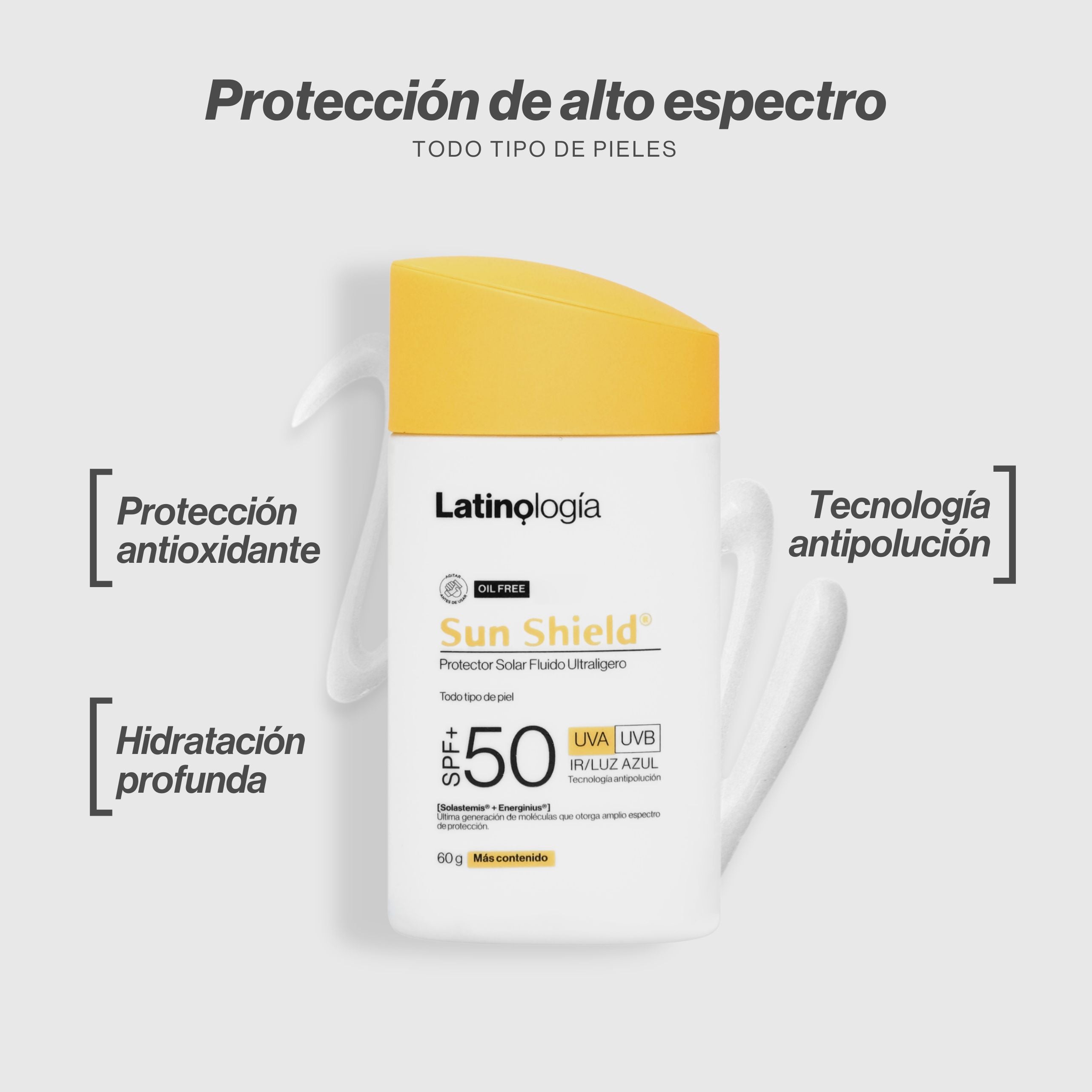 Envase de Sun Shield Protector Solar Fluido Ultraligero Latinologia para protección solar de amplio espectro.