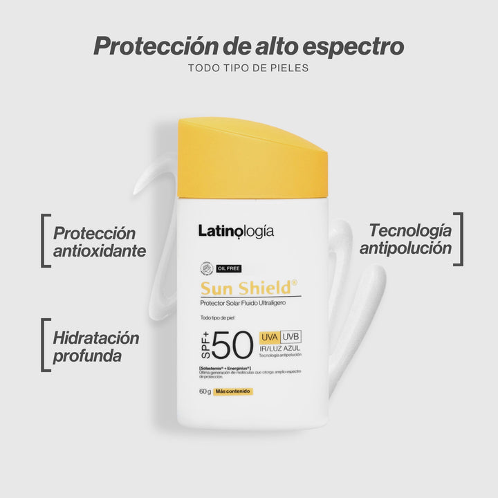 Envase de Sun Shield Protector Solar Fluido Ultraligero Latinologia para protección solar de amplio espectro.