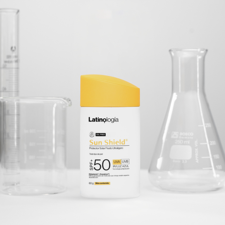 Envase de Sun Shield Protector Solar Fluido Ultraligero Latinologia para protección solar de amplio espectro.