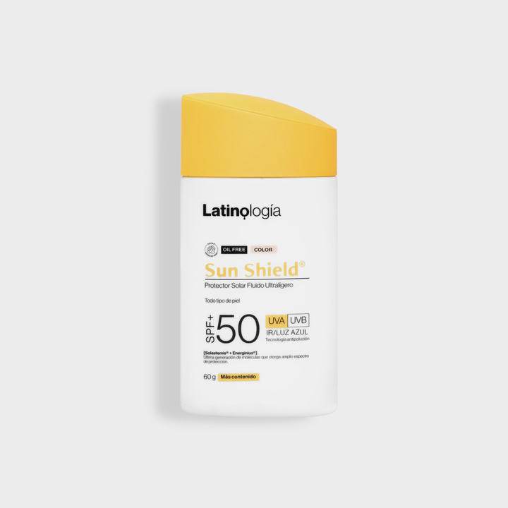 Envase de 50 ml de Sun Shield Protector Solar Color de Latinología para la defensa y el bienestar estético de la piel.