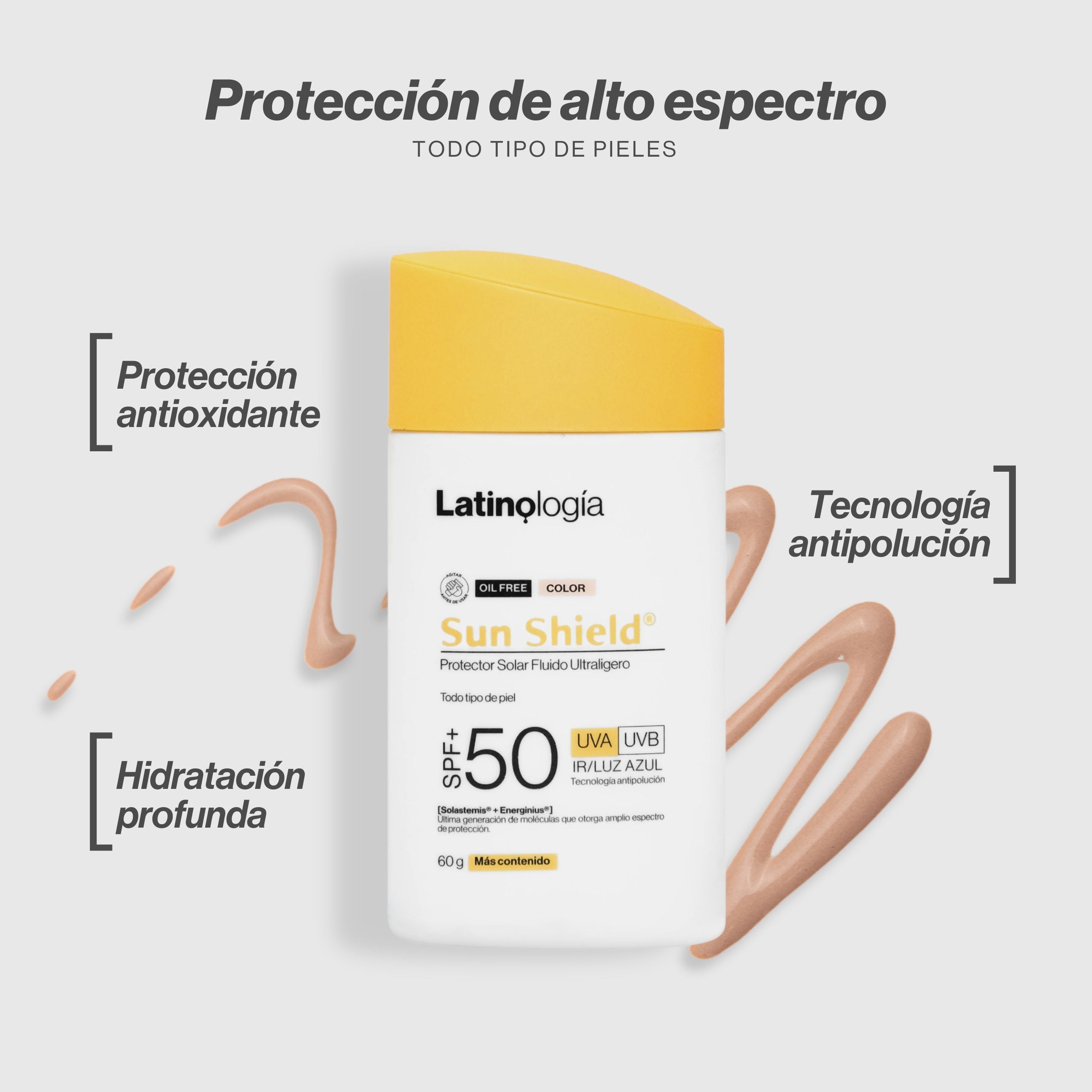 Envase de 50 ml de Sun Shield Protector Solar Color de Latinología para la defensa y el bienestar estético de la piel.