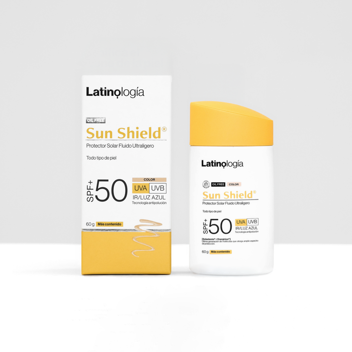 Envase de 50 ml de Sun Shield Protector Solar Color de Latinología para la defensa y el bienestar estético de la piel.