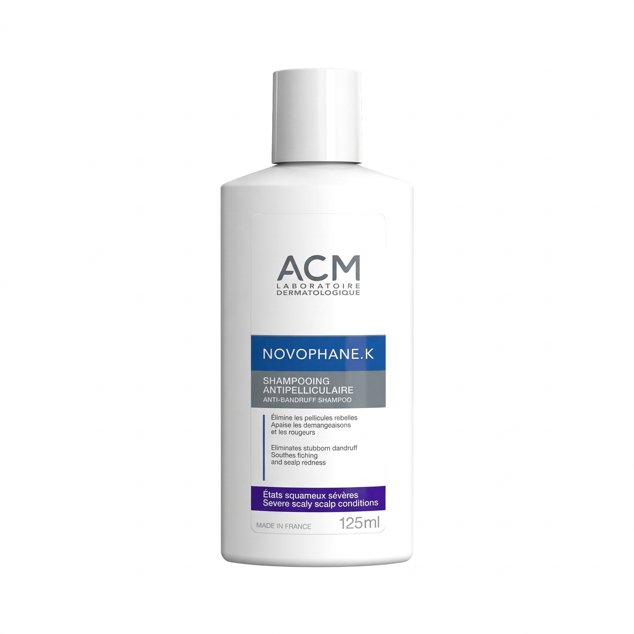 Envase de Novophane K Shampoo de Cuidado para Caspa Crónica ACM 125 ml.