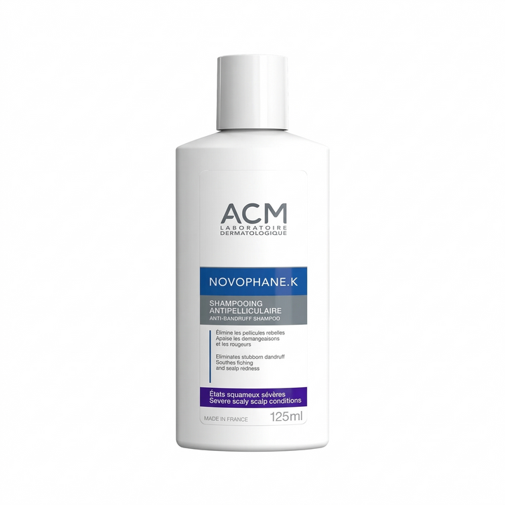 Envase de Novophane K Shampoo de Cuidado para Caspa Crónica ACM 125 ml.